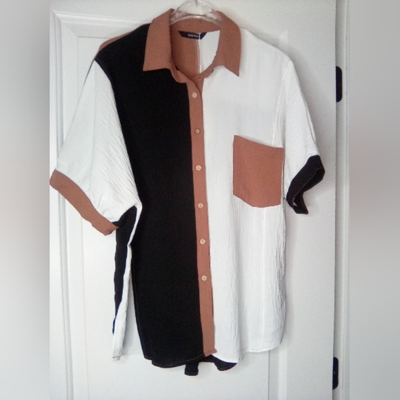Colorblock Women's Shirt - Black, White, and Brown - Picture 8 of 16